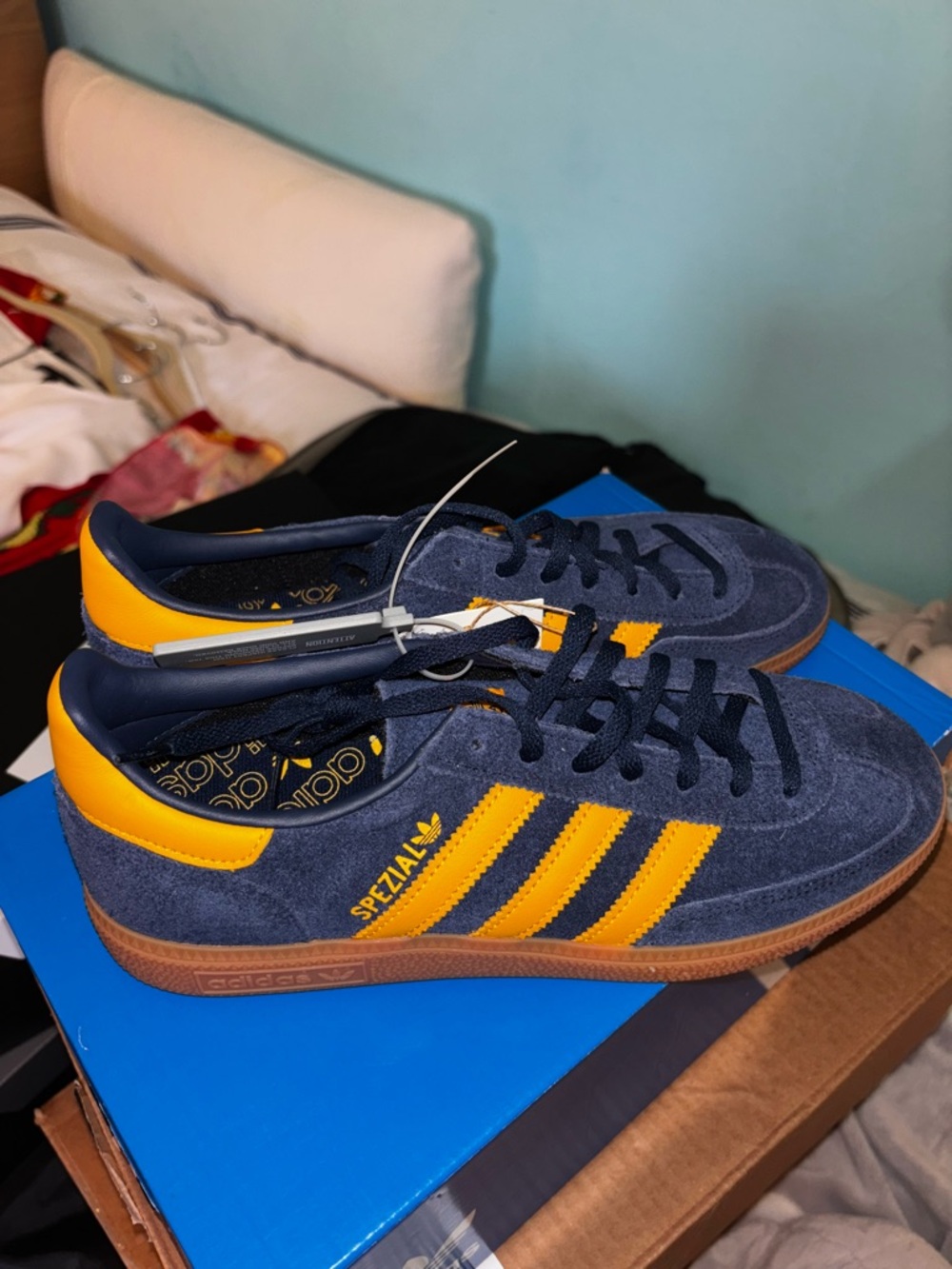 adidas Navy Suede Sneakers with Yellow Stripes